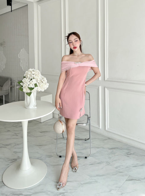 SIRINNN Mesh Off Shoulder Side Slit Mini Dresses